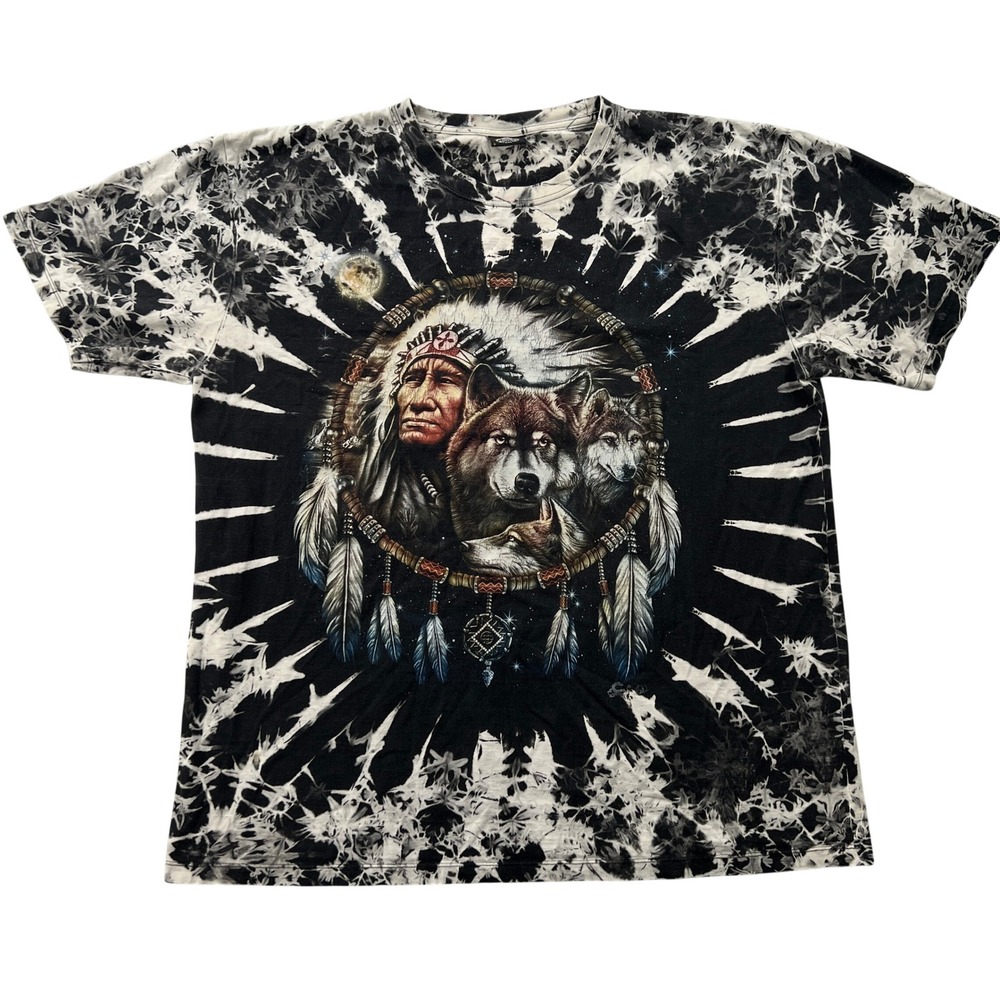 Caballo Graphic Tee Men XXL Black Tie Dye Wolf Native American Dreamcatcher Y2K